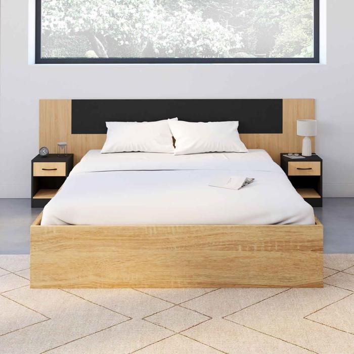 Cabecero independiente IDMARKET SAPA con mesillas de noche modulares para camas de 140, 160 o 180 cm, madera y negro.