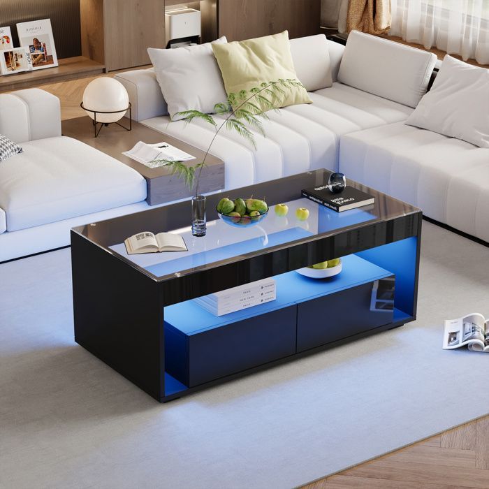 Tavolino moderno con illuminazione a LED a 16 colori, 2 cassetti, finitura laccata lucida, nero