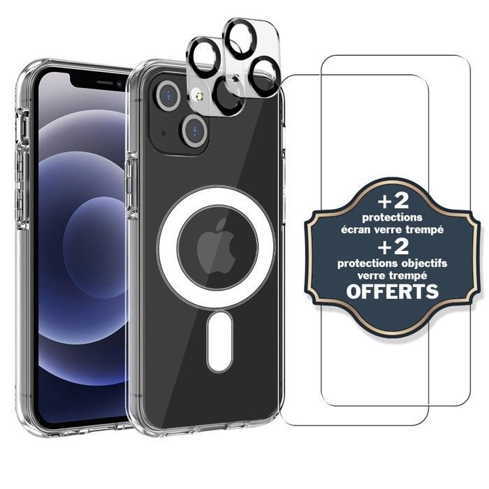 EVETANE schokbestendige hoes met MagSafe, compatibel met iPhone 13, transparant + 2 schermbeschermers en 2 cameralensbeschermers