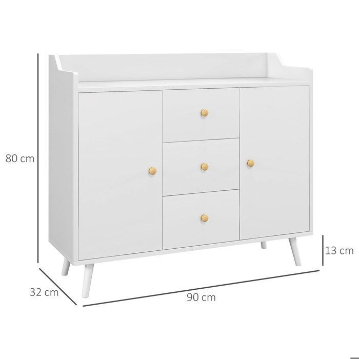 Aparador - HOMCOM - 2 puertas, 3 cajones y patas de madera maciza - estilo moderno - aglomerado - 90 x 32 x 80 cm - blanco