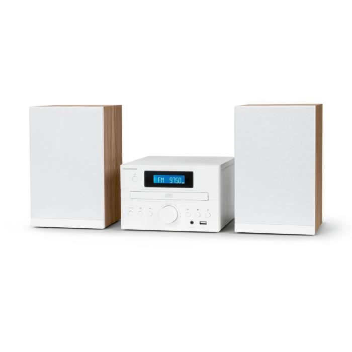 Sistema de micro alta fidelidad THOMSON COSY MIC121BT: reproductor de CD, Bluetooth, radio FM, MP3, USB, madera y blanco.