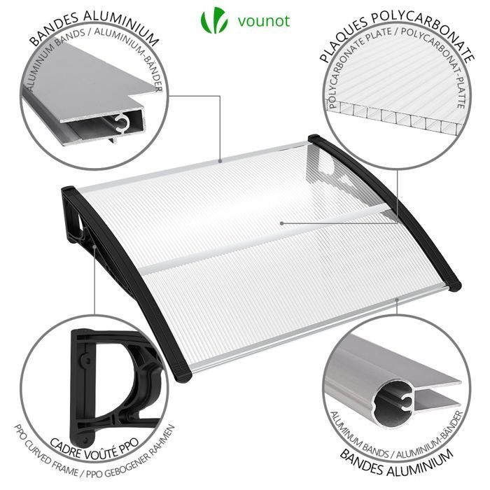VOUNOT® Marquise auvent de porte d'entrée 120x80cm avec support central - Polycarbonate transparent - Anti-UV - Noir