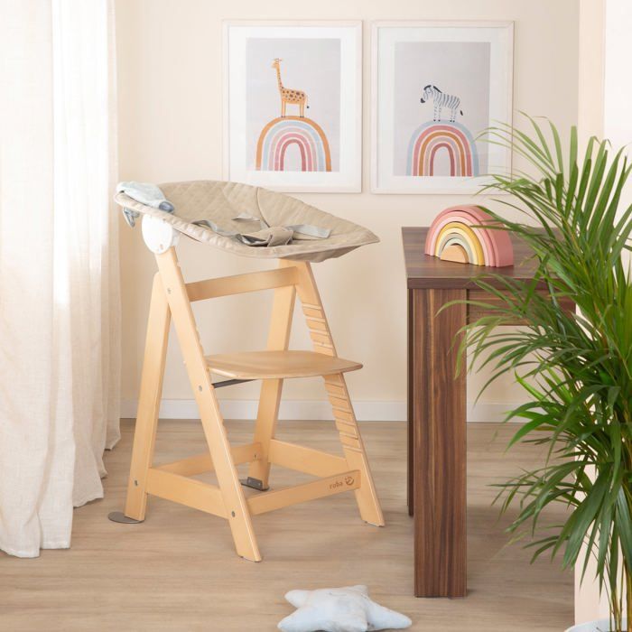 2-in-1 Convertible High Chair - ROBA - BORN UP - Includes Reclining 'Greyish Quilted' Recliner - Natural Wood