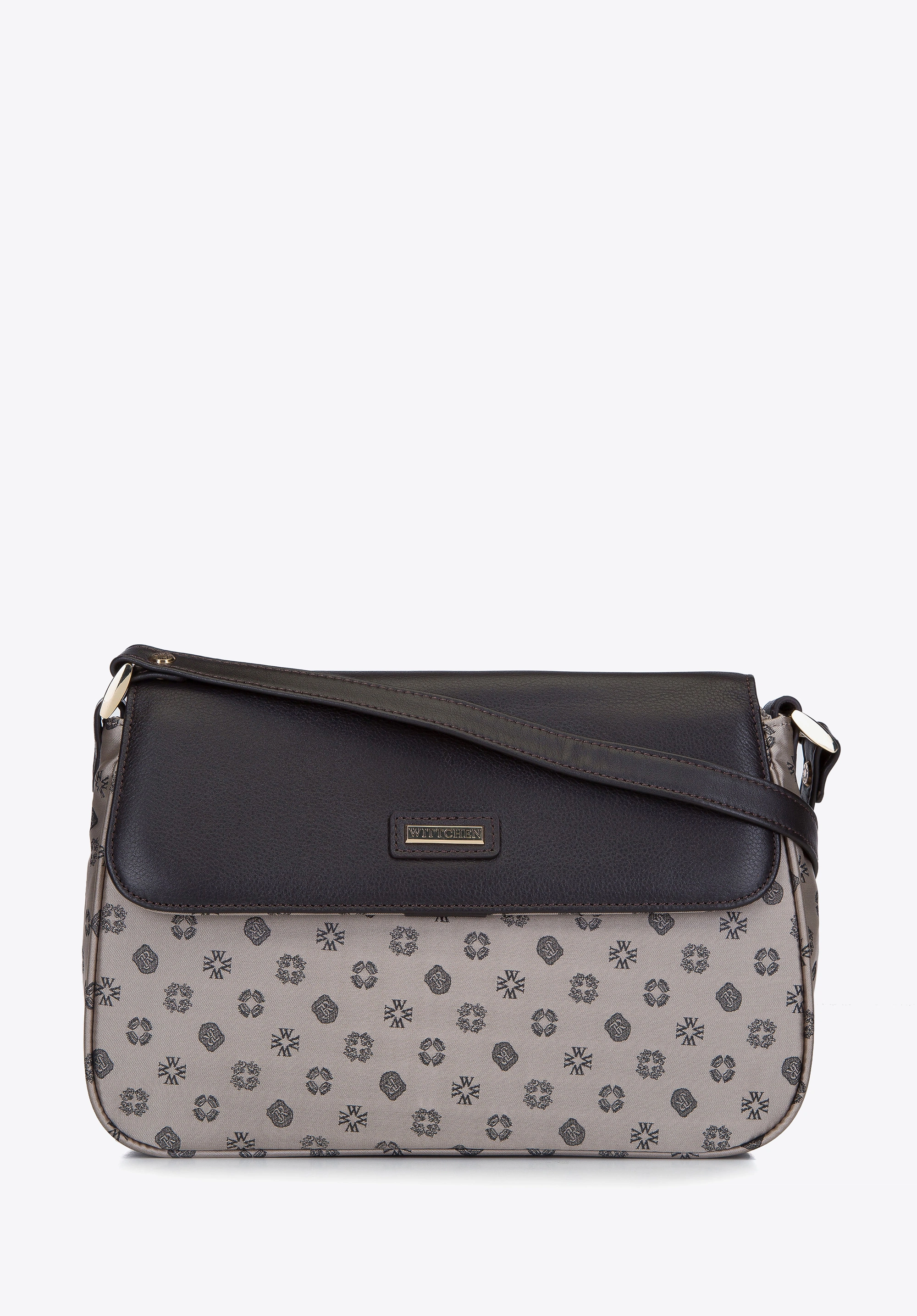 Torebka crossbody ze skóry i żakardu z monogramem beżowa