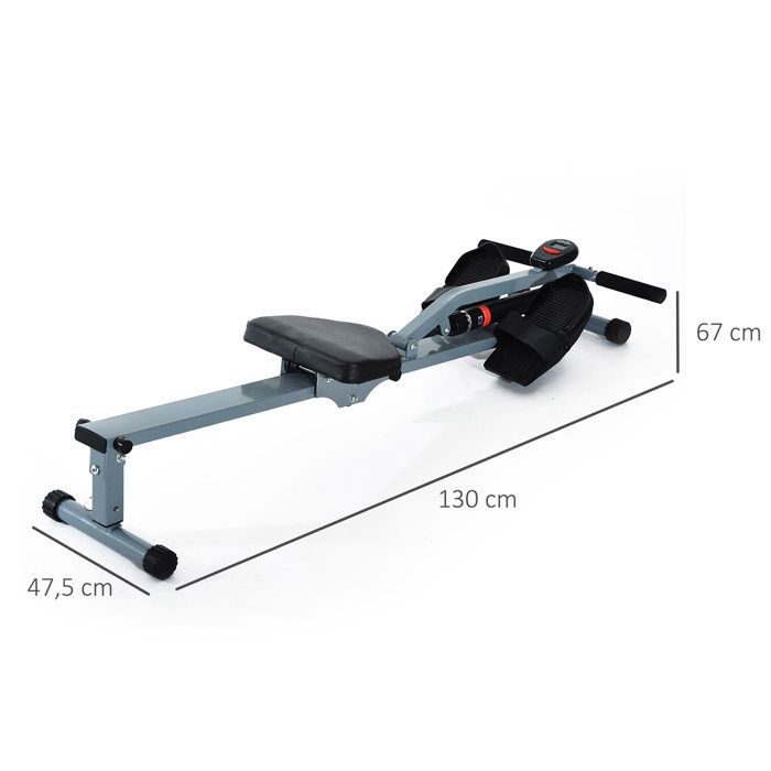 Máquina de remo hidráulica - HOMCOM - 12 niveles de resistencia, pantalla LCD, pedales antideslizantes, para gimnasio en casa - Acero - Negro
