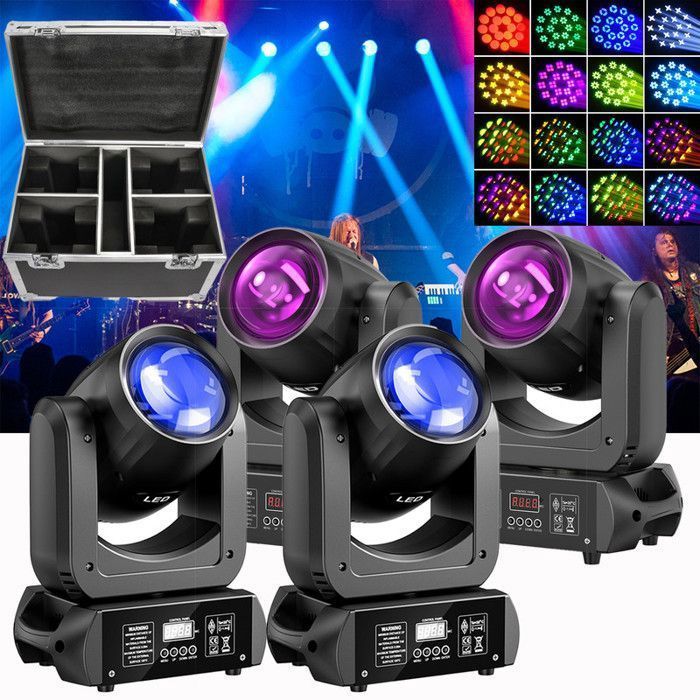 UKing 230W Stage Light - DMX512 LED Moving Head Beam GOBO 18 Prism - DJ Lighting Effects - Pack of 4 with Flight Case