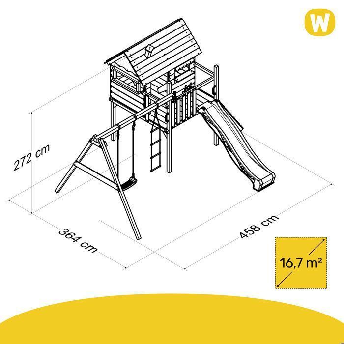 WICKEY Smart Travel, casetta in legno su palafitte con scivolo rosa pastello da 220 cm e altalena – 10 anni di garanzia*