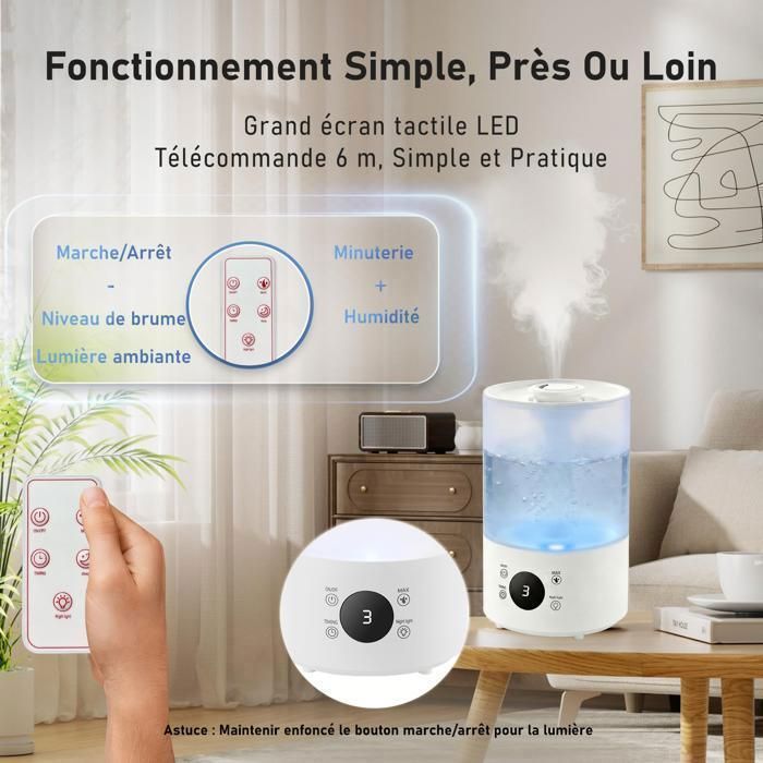 Humidificador AIMIUVEI - 4L - Boquilla de 360° - Apagado automático - 300ml/h - Pantalla LED - Luz nocturna silenciosa para oficina, bebés y plantas