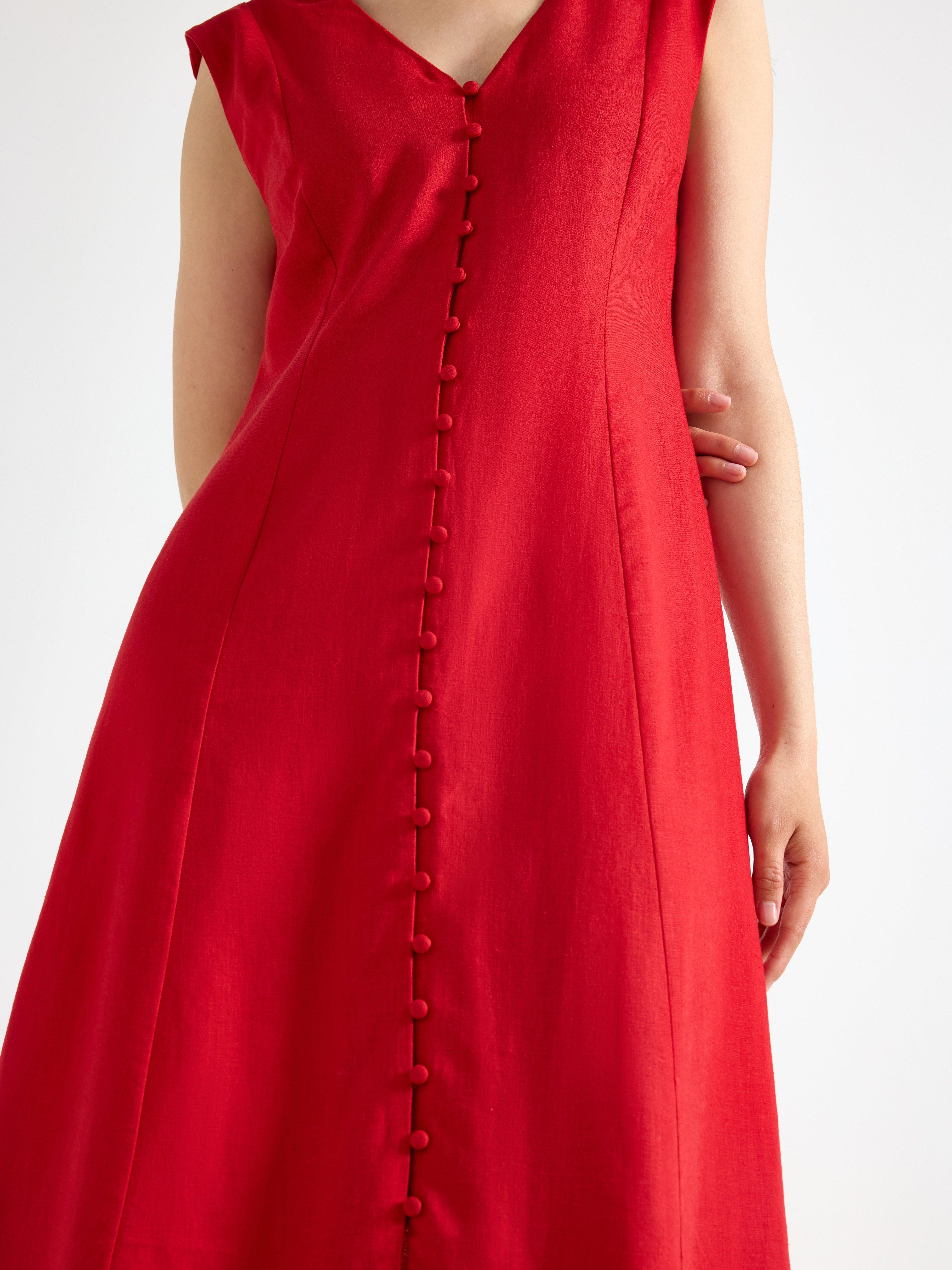Vestido midi de mezcla de lino rojo oscuro