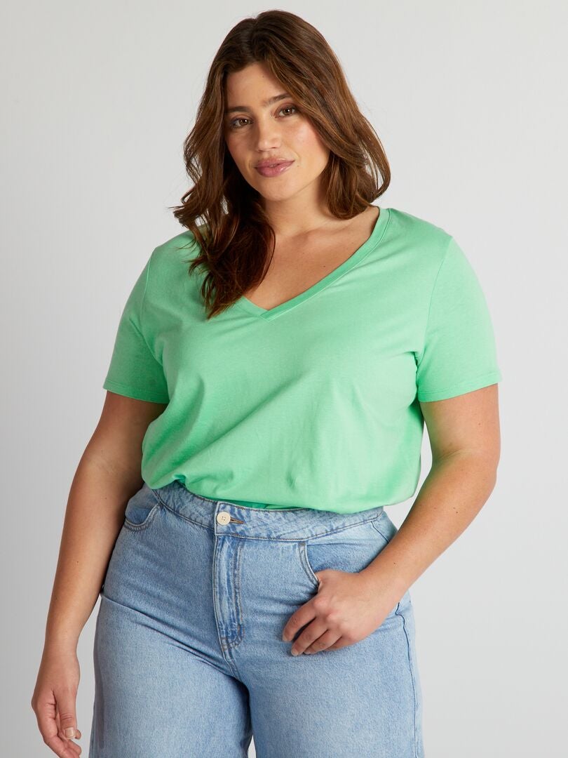 Camiseta de punto con cuello en V - VERDE