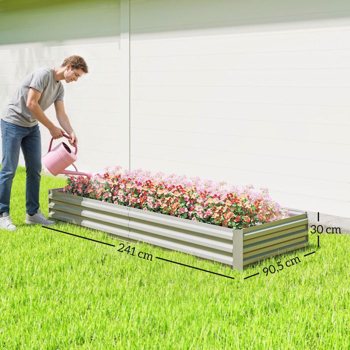 Huerto elevado para hortalizas - Outsunny - rectangular - 241 x 90,5 x 30 cm - chapa de acero corrugado - plata