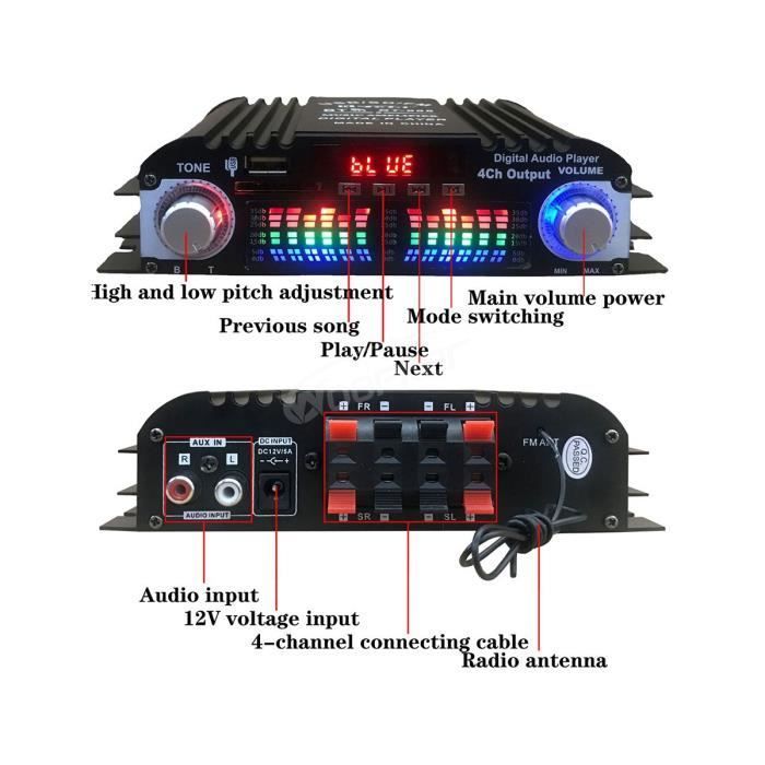Amplificador de audio Bluetooth 5.0, amplificador de sonido digital HiFi de 4 canales para sistemas de audio domésticos y de automóviles.