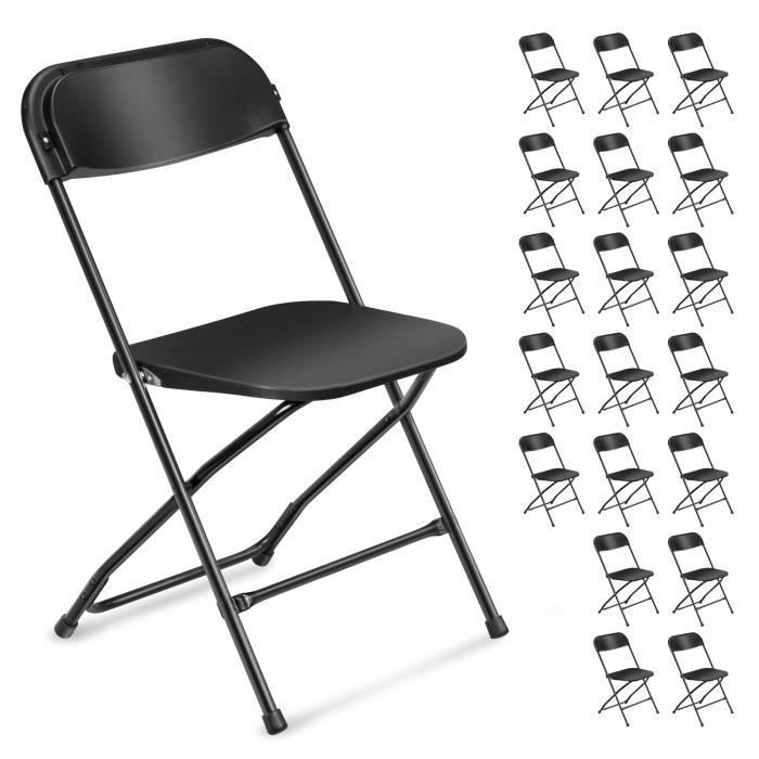 Juego de 20 sillas plegables de plástico negro, portátiles y apilables, para uso comercial en interiores y exteriores, con estructura de acero.