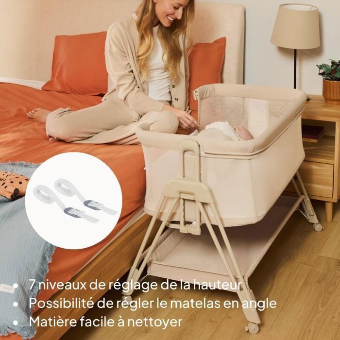 Berço LIONELO Luna 3 em 1 para dormir junto com o bebê - Cama de casal - 4 rodas - Colchão incluso - Altura e inclinação ajustáveis - Bege
