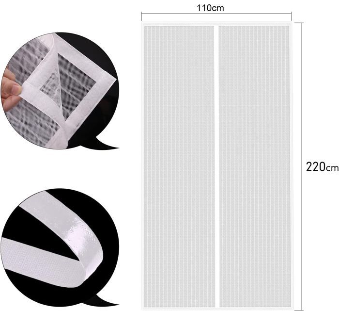 Mosquitera magnética para puerta de 110x220cm, color blanco, con cierre automático y malla ultrafina.