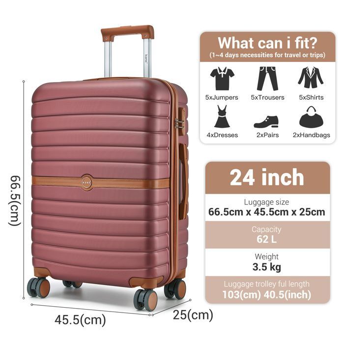 Maleta Kono mediana rígida de 66,5 x 45,5 x 25 cm, ABS+PC, con 4 ruedas y cerradura, tipo carrito de viaje, 62 L, color rojo.