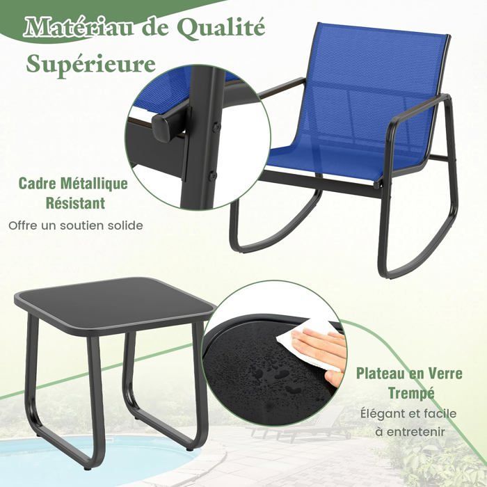 COSTWAY Ensemble 3PCS Table et Chaises de Jardin, Table en Verre Trempé, Chaises à Bascule 2 Places, pour Balcon Patio Piscine,Bleu