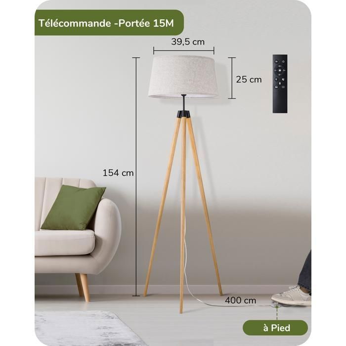 Lámpara de pie trípode de madera EDISHINE, con mando a distancia y pedal, bombilla regulable E27 incluida, 3000K - 6000K, pantalla de lino.