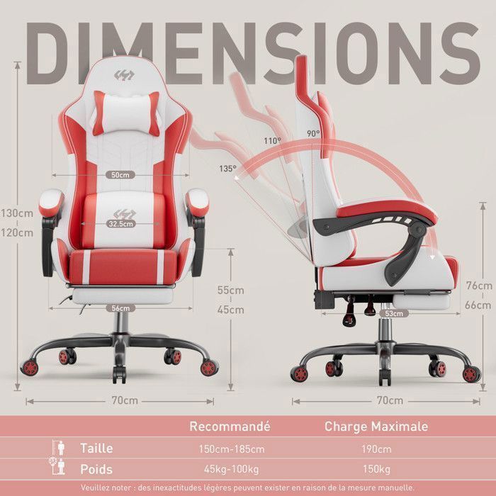 ECOFURNIX Fauteuil de Bureau Massant, Fauteuil Gaming Réglable avec Coussin de Massage Lombaire et Repose-Pieds, Rouge et Blanc