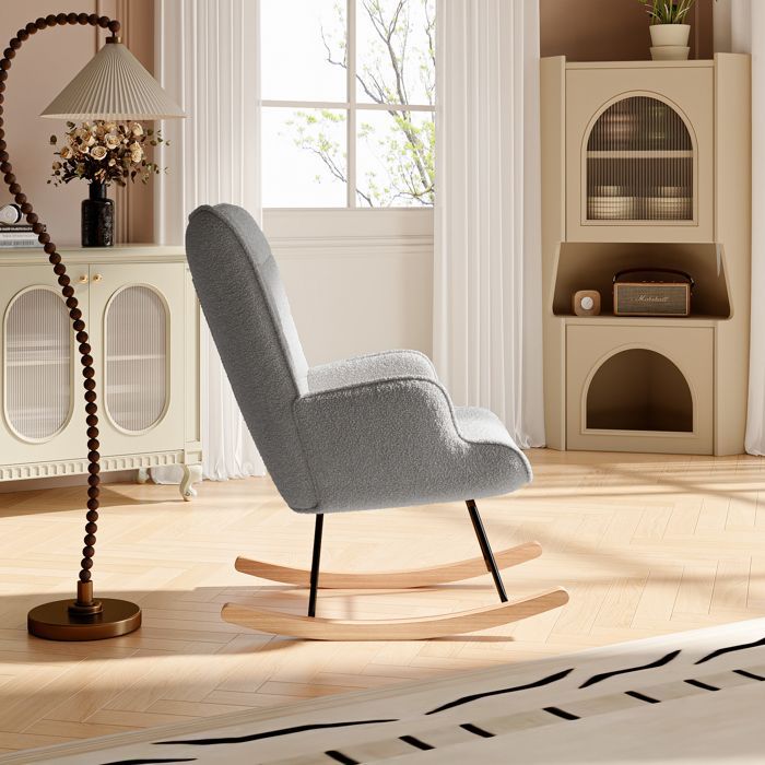Fauteuil à Bascule, Rocking Chair en Velours Teddy, Chaise d'allaitement avec Coussin, Structure en Acier et Pieds en Bois, Gris
