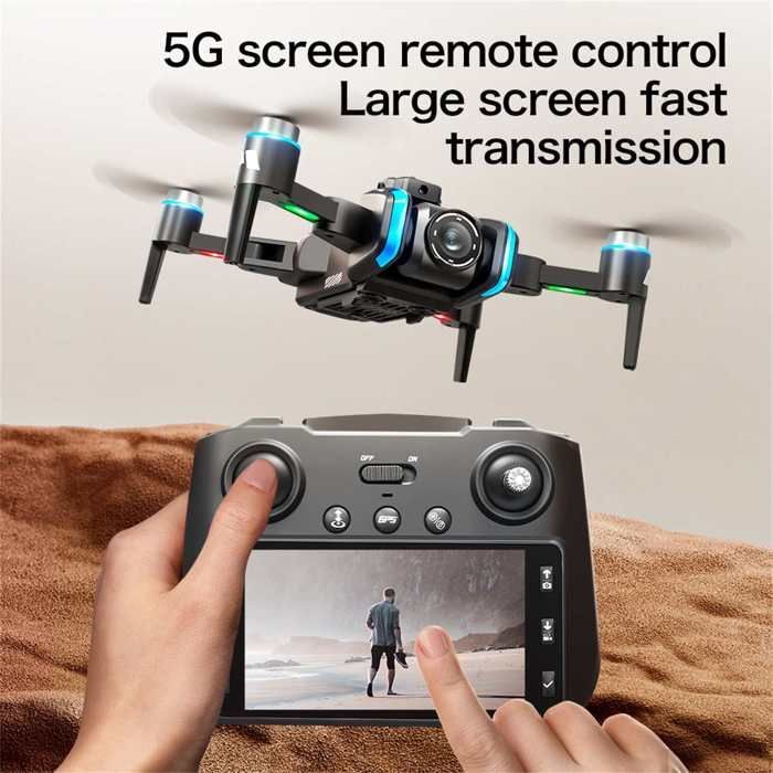 Dron GPS de doble cámara con giro de 180°, control remoto 5G, pantalla, retorno inteligente y 3 baterías.