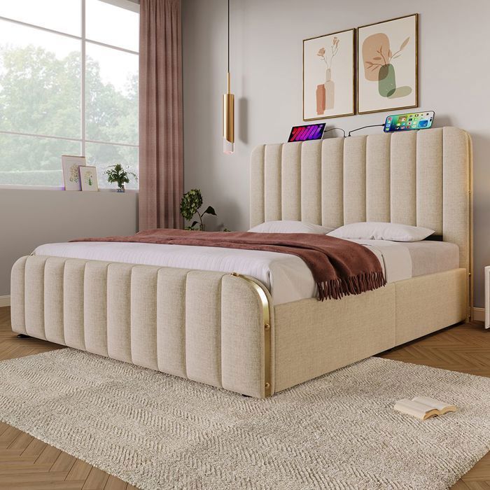 Opbergbed, gestoffeerd bed, dubbel gewatteerd hoofdeinde met USB Type-C oplaadfunctie, bed van 140x200 cm, beige