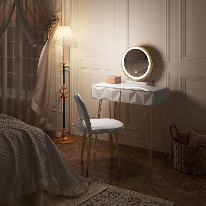 Tavolo da trucco EUGAD con specchio LED regolabile, tavolo da trucco con sedia, 2 cassetti effetto 3D in legno massello, bianco+oro E0EG0060