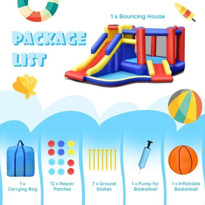 DREAMADE Opblaasbaar kasteel voor kinderen met glijbaan, trampoline, zwembad en klimwand, 383x313x182 cm, draagvermogen 120 kg, exclusief