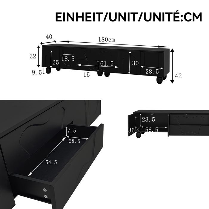 Mobile porta TV - MODERNLUXE - 180x40x42 cm - 2 cassetti, 4 ante - Gambe in legno massello - Nero