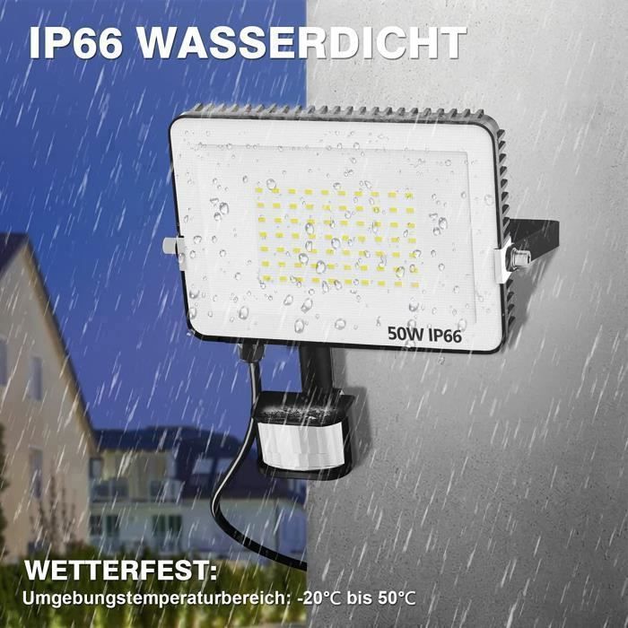Foco LED exterior de 50 W, resistente al agua, con detector de movimiento, 5000 lúmenes, luz blanca fría.