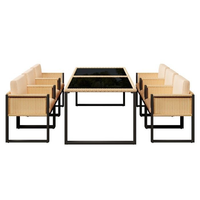Set da giardino in polyrattan con tavolo e 6 sedie, poltrone con fodere sfoderabili e lavabili, nero e marrone, 170x80x75 cm / 55x55x80 cm