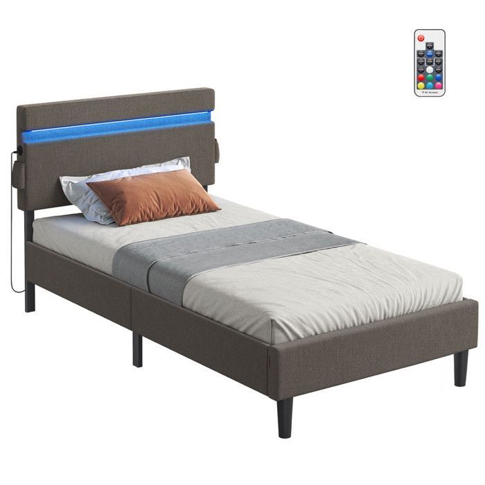 Cama de solteiro VASAGLE em metal, 90 x 190 cm, estrutura com cabeceira ajustável, iluminação LED, portas USB e Tipo-C, cinza escuro.