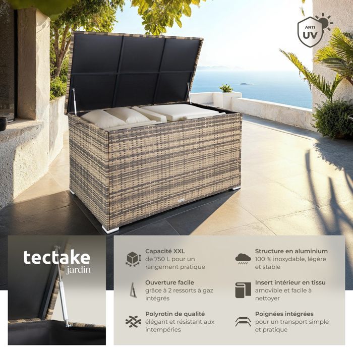 Almacenamiento para jardín - TECTAKE - OSLO Caja de almacenamiento para jardín de gran capacidad, fabricada en resina tejida, 145 x 82,5 x 79,5 cm - Marrón natural