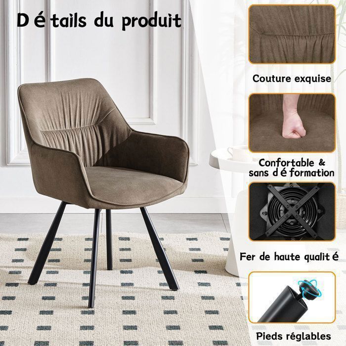 WAFTING Lot de 6 Chaises de Salle à Manger Pivotantes avec Accoudoirs, Rotation à 360°, Chaises de Cuisine en Velours, Marron