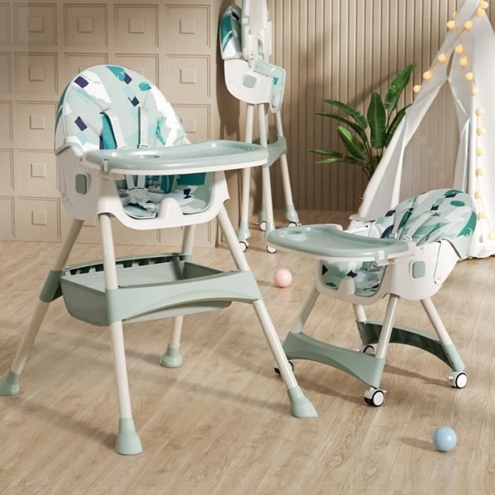 Seggiolone per neonati/bambini regolabile in altezza con cintura di sicurezza a 5 punti, vassoio rimovibile, design 3 in 1, seggiolone con ruote - Verde