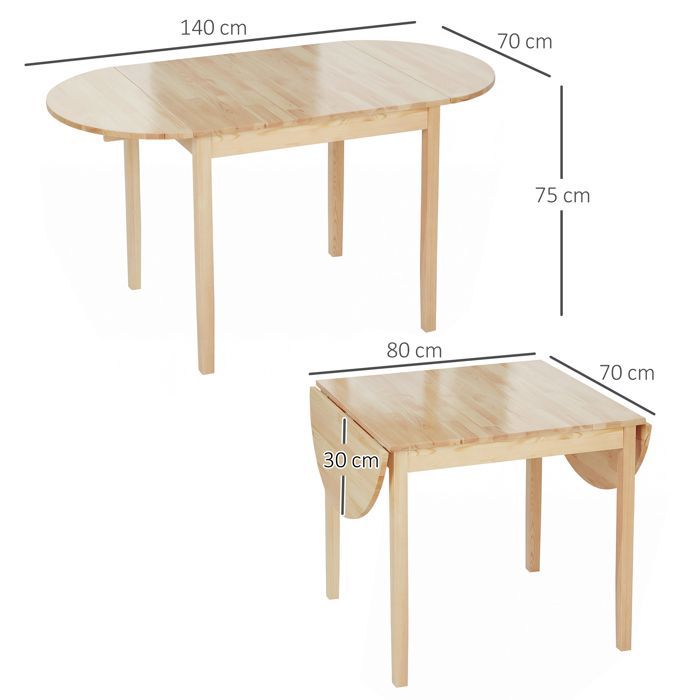 HOMCOM folding oval dining table in solid wood with 2 drop leaves, space-saving, 140L x 70W x 75H cm