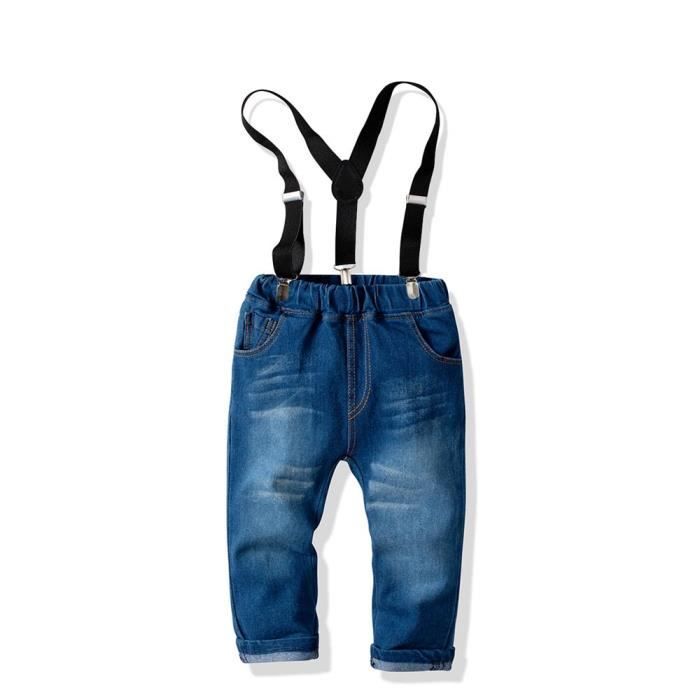 Conjunto de camisa de manga larga y pantalones vaqueros con tirantes y pajarita para niño - Azul