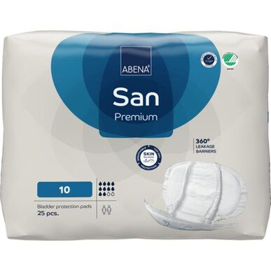 Abena San Premium 360 -vuotosuojat, 10 inkontinenssisidosta, anatominen muoto, 25 kpl