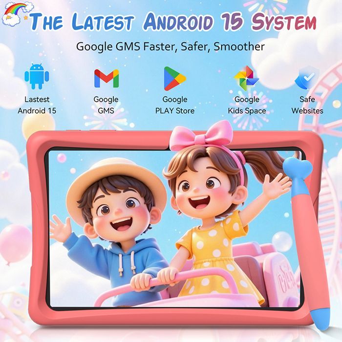 TABWEE K10 Kinder-Tablet 10 Zoll, Android, 15 GB – 12 GB RAM, 64 GB ROM, 1280 × 800 IPS-Bildschirm, Kindersicherung, pink