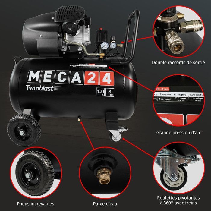 Compresor bicilíndrico de 3 HP - Depósito de 100 L - Compresor de aire - 2200 W - Presión de 8 bar - Caudal de succión de 320 L/min