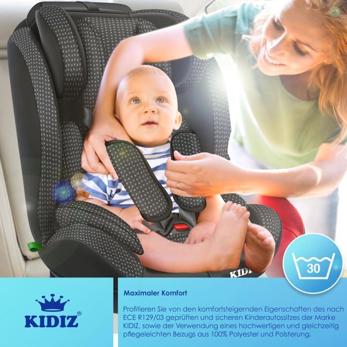 KIDIZ® Siège auto pour enfants et bébé 9-36 kg Groupe 1+2+3 Ceinture de sécurité à 5 Points Appuie-tête réglable ECE R129/03 Noir