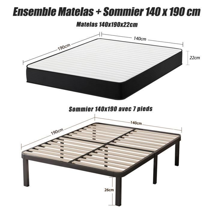 Frixovel 140x190cm Bed Set with Mattress and Base - Mattress 140x190x22cm - Bed Base 140x190cm