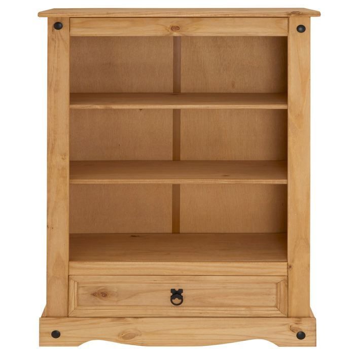 Librería de madera estilo mexicano SALSA con 2 estantes y 1 cajón, hecha de pino macizo con acabado teñido y encerado.