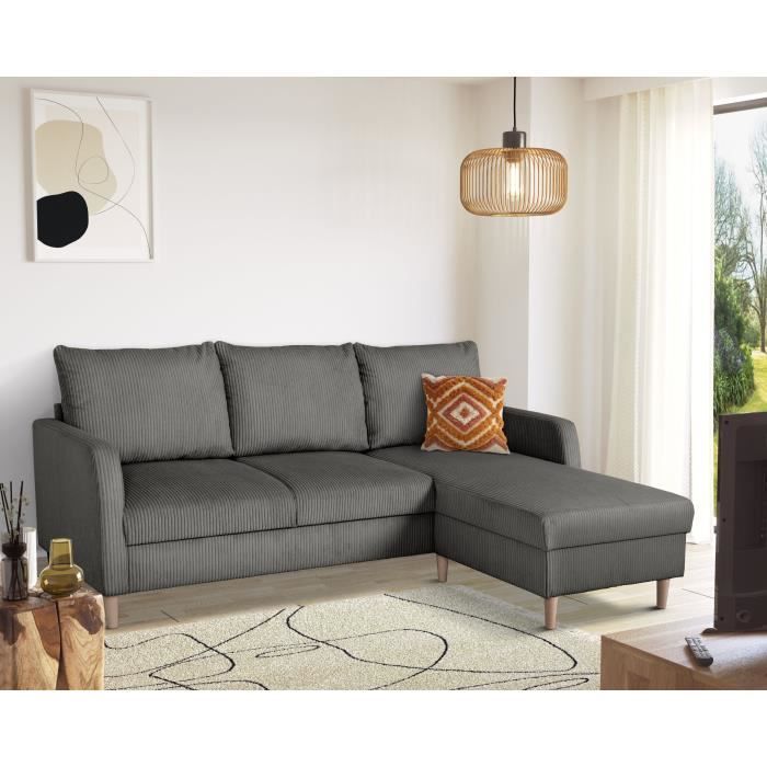 Sofá de canto fixo - 3 lugares - CHIPY - Tecido Lincoln Anthracite - Pés em madeira natural - 192 x 82 x 138 cm