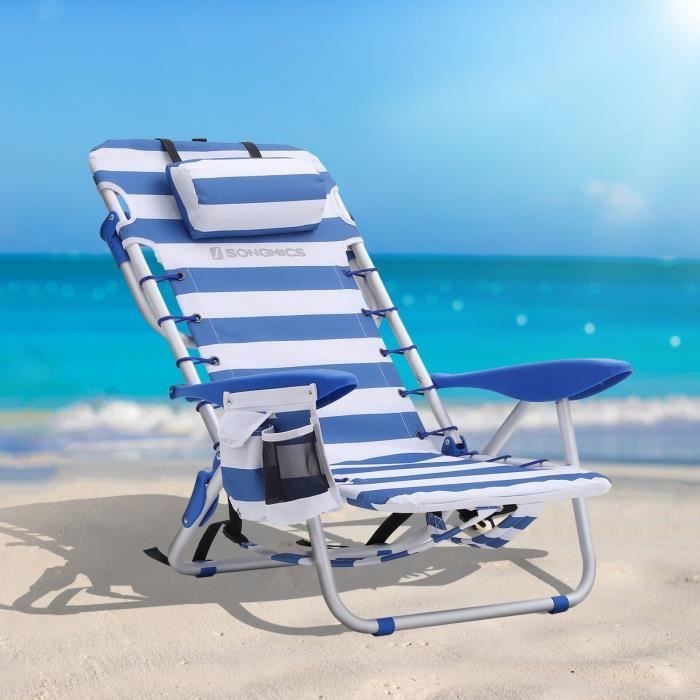 Silla de playa portátil SONGMICS con almohada, reclinable, estilo mochila, silla de exterior, rayas azules y blancas GCB62BU