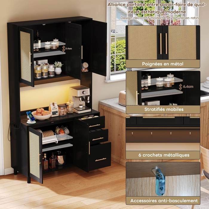 Credenza da cucina in vimini da 183 cm con illuminazione LED multicolore e porta USB, 3 cassetti, 5 ante e ripiani regolabili, colore nero.