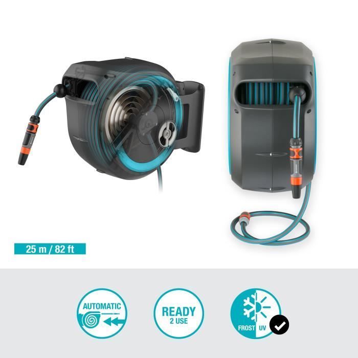 Dévidoir automatique mural RollUp M/L GARDENA - Longueur 25m - Ø13mm - Kit complet - Garantie 5 ans