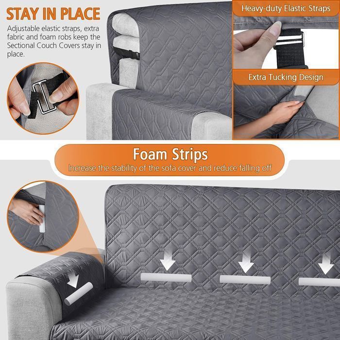 100% Waterproof Reversible Corner Sofa Cover, 200cm Length, Grey, Stain and Scratch Resistant, Secure Fastening