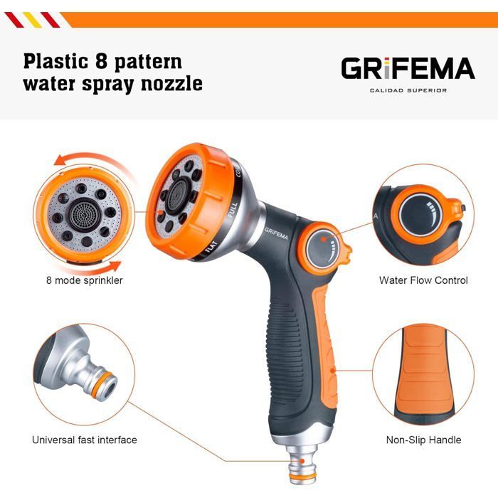 Tuinsproeier met 8 instelbare sproeistanden, multifunctionele sproeier met regelbare waterdruk.