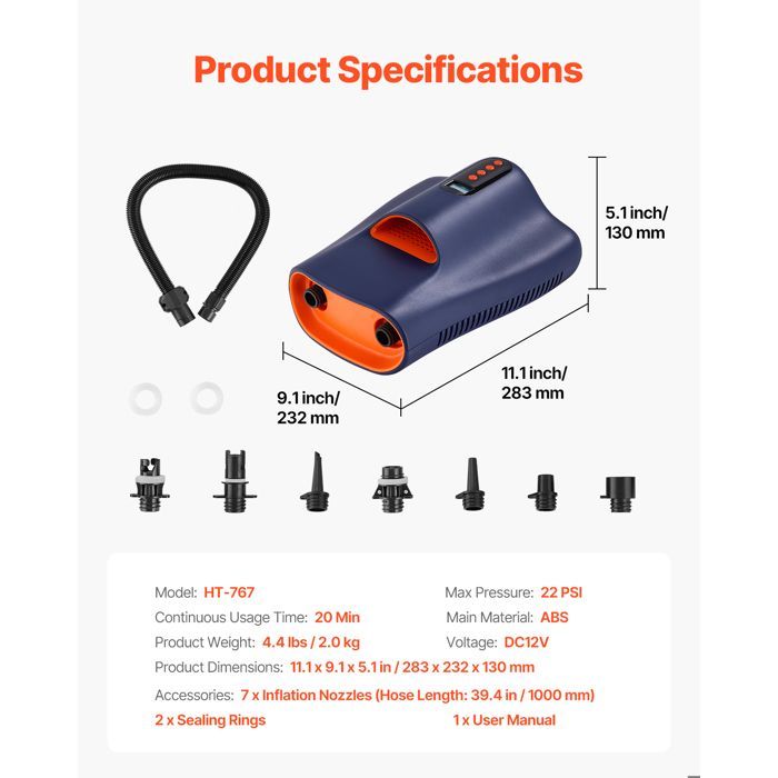 VEVOR High Pressure 22 psi Paddleboard Air Pump - SUP Inflator - with Cigarette Lighter Connector and Automatic Shut-Off